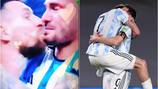 Apasionado cruce, con beso lanzado, entre Messi y De Paul en el festejo del título