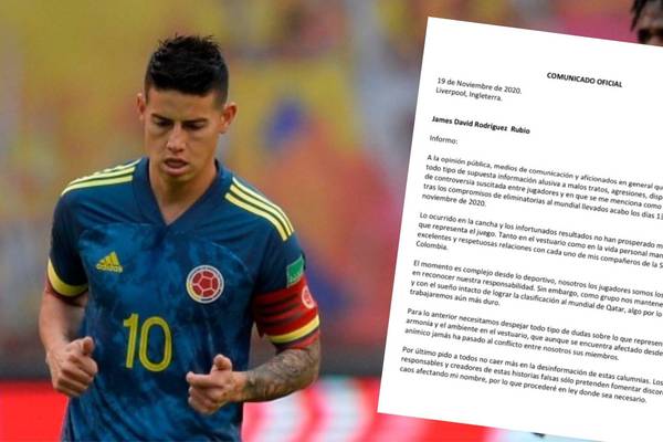 Comunicado oficial de James Rodríguez sobre supuestas peleas con compañeros de selección Colombia