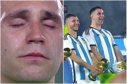 “Dibu” Martínez otra vez se roba las miradas: lloró y replicó su obsceno festejo en el Mundial